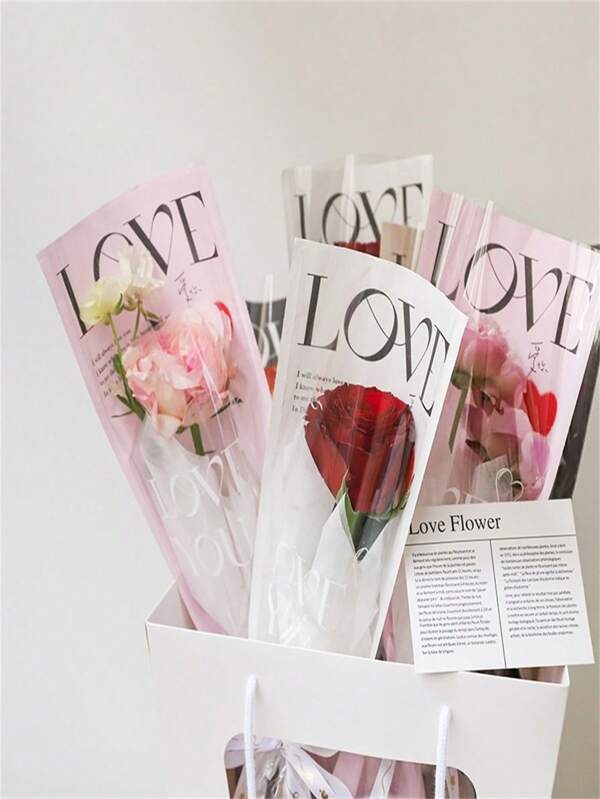 10PcsLOVE Rosa Transparente Saco Único Buquê Único Papel de Embrulho Integrado Saco Reto Dia dos Namorados Embalagem de Flores Saco Único