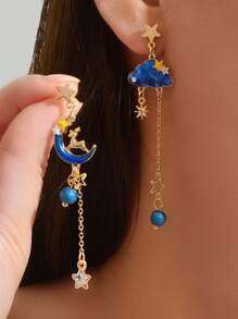 1 Pair Romantic Dismatch Long Gold Chain Blue Moon Cloud Asymmetric Dangle Earrings Party Festival Gift Jewelry - Gold - View 2