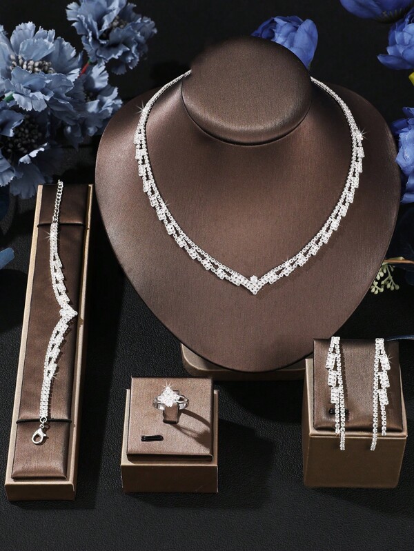 5pcs Elegant Luxury Cubic Zirconia Bridal Wedding Rhinestone Jewelry Set, Fashion Party Accessories For Women