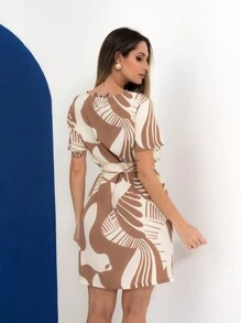 Women's Short Printed Dress With Belt 2181 - 摩卡棕 - 查看 6