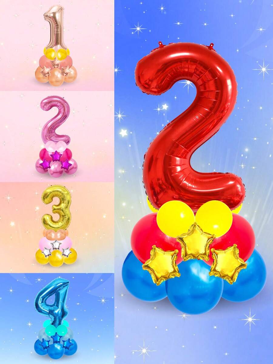 17 Stück/Set 0-9 Zahlenballons, 32 Zoll Folienballons mit Zahlen für Geburtstagsdekoration, Einschulung, Valentinstag - Verschiedenfarbig - Übersicht 1