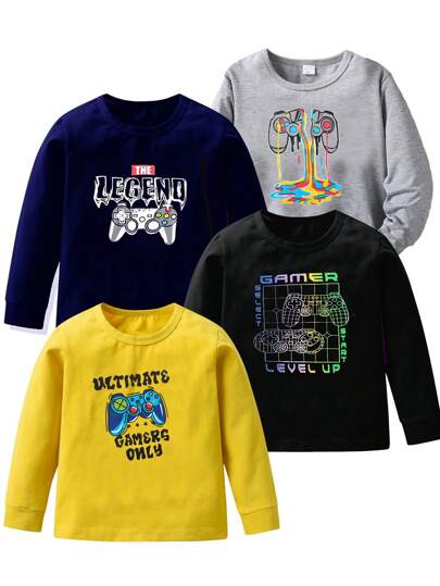 4pcs Tween Boys Video Game Print Long Sleeve T-Shirts For Tween Boys, Autumn, Sweatshirt