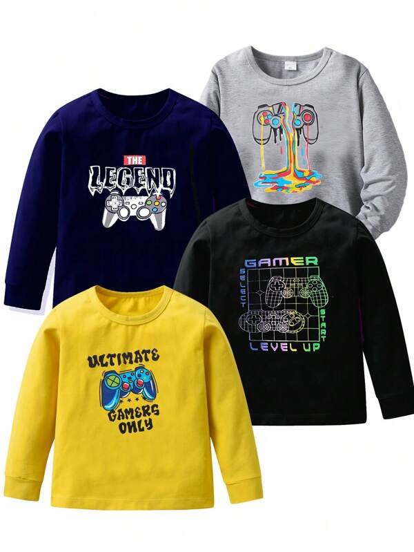 4 piezas Camisetas de manga larga con estampado de videojuegos para niños preadolescentes, otoño, sudadera