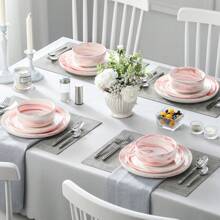 MALACASA 12 Pieces Dinnerware Set, Pink Set, Marble Grain, Round Plate, Porcelain Dinnerware, Dinner Plates, Dessert Plates And Bowls For 4 Person - Pink - View 5