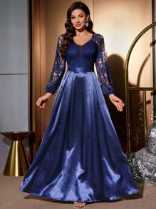 MIUSOL Đầm dạ hội maxi cổ chữ V sâu, ren hoa, phối màu tương phản, chất liệu satin, tay phồng. - Màu xanh hải quân - Xem 5