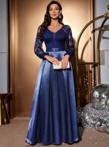 MIUSOL Đầm dạ hội maxi cổ chữ V sâu, ren hoa, phối màu tương phản, chất liệu satin, tay phồng. - Màu xanh hải quân - Xem 4