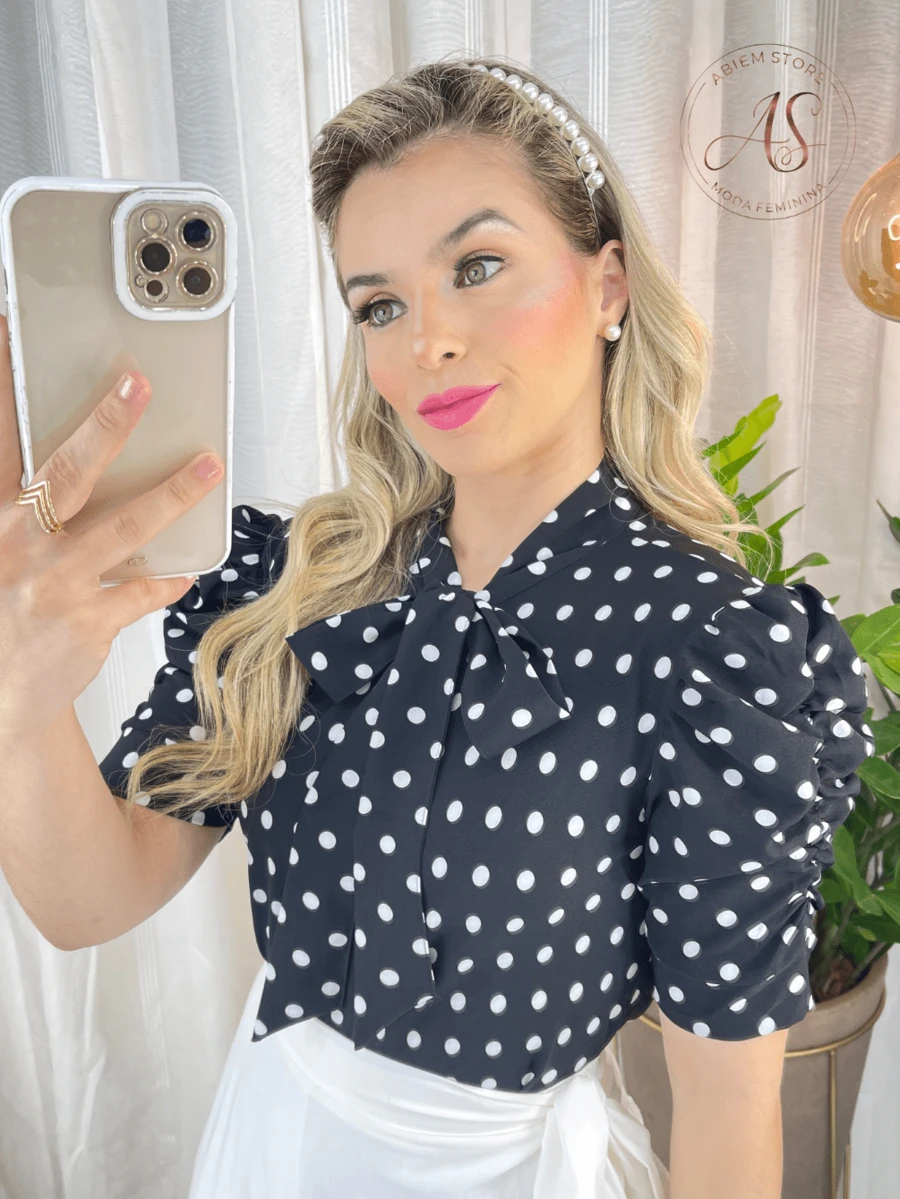 Women's Casual Blouse Short Sleeve Plain And Polka Dot Social Elegant Stylish Evangelical Fashion - 黑色圓點 - 查看 1