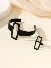 Bộ 2 chiếc/bộ trang sức hình vuông rỗng hình học thời trang và vòng tay dành cho phụ nữ, thích hợp cho cuộc sống hàng ngày, tiệc tùng, quà tặng Ngày của Mẹ - màu đen - Xem 4