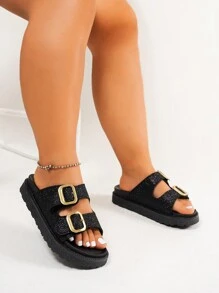 Plus Size Dames Brede Pasvorm Zwarte Dikke Zool Zomer Slide Sandalen, Casual