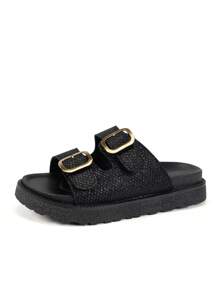 Plus Size Dames Brede Pasvorm Zwarte Dikke Zool Zomer Slide Sandalen, Casual