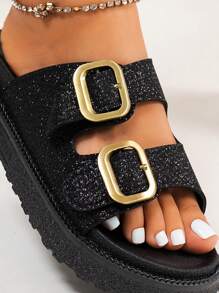Plus Size Dames Brede Pasvorm Zwarte Dikke Zool Zomer Slide Sandalen, Casual