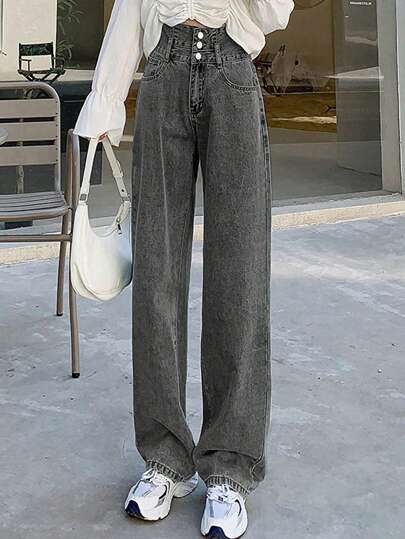 女士休闲街头高腰阔腿牛仔裤，带口袋