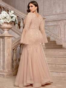 大码V领花卉蕾丝亮片拼接撞色网纱长袖鱼尾晚礼服，适合正式晚宴、情人节、婚礼宾客、舞会、生日、返校节、节日等场合 - 香檳色 - 查看 10