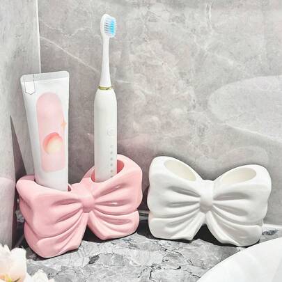 1pc Girly Bow Toothbrush Holder, Ceramic Bathroom Vanity Organizer For Electric Toothbrush & Toothpaste Home Bathroom Decor Fall Decor Back To School