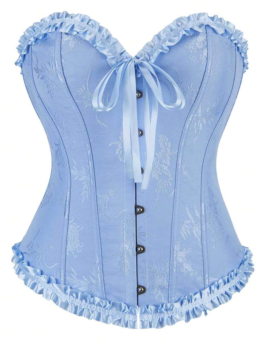 Women Overbust Corset Lace Up Floral Jacquard Frill Trim Boned Bustier Tops Festival Prom Birthday Back To School Halloween Country Concert Outfit - Multicolor - View 1