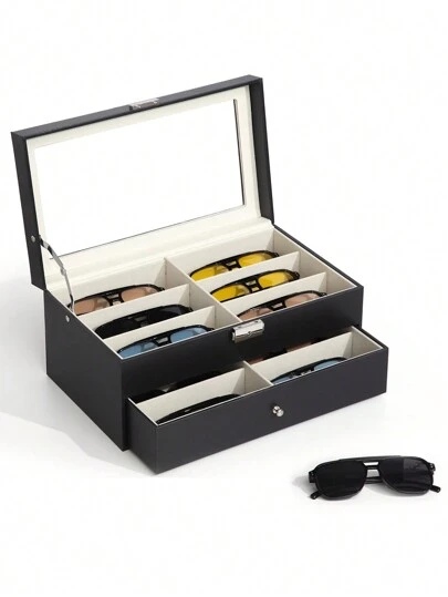 Wooden 12-Slot PU Leather Eyeglass Storage Box, 8-Slot Sunglasses Organizer, Multi-Layer 24-Slot Eyewear Display Case With Drawer, Transparent Glass Top, Black
