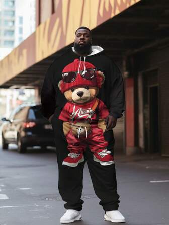 男式加大码朋克熊 3D 卡通熊印花前后图形设计抽绳口袋运动衫和运动裤套装，秋季服装，舒适服装