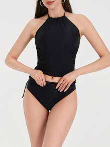 Two Piece Tankini Swimsuits For Women Tummy Control Bathing Suits Halter Swim Top With Shorts - 黑色 - 查看 4