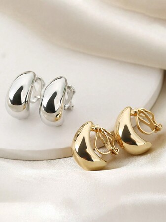2pcs Set Minimalist Teardrop Clip On Earrings, Fashionable Geometric Ear Cuff For Non-Pierced Ears