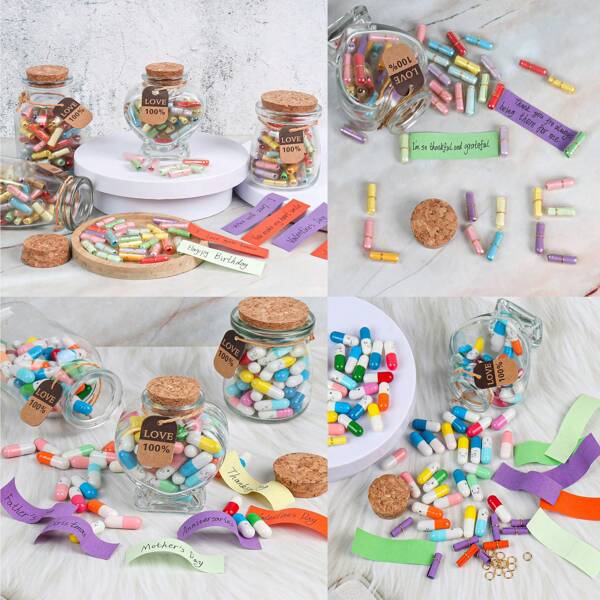 55Pcs Capsule Pills Love Message Note In A Glass Bottle,Cute Love Pills Smiling Face Love Friendship Letter With Wishing Bottle,Valentine's Day Love Capsule Letters Romantic Paper Love Message For Boyfriend Girlfriend Anniversary Birthday Mother's Day Gift