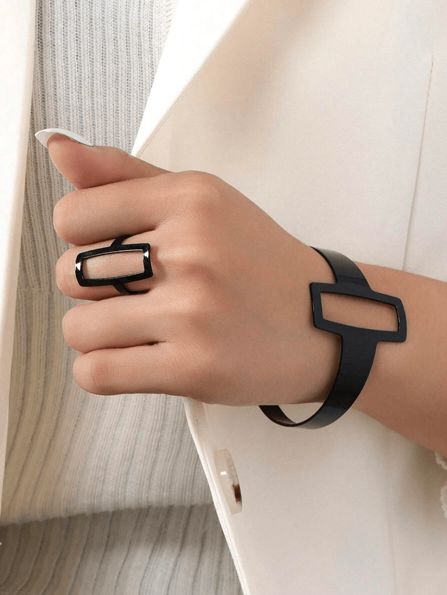 Bộ 2 chiếc/bộ trang sức hình vuông rỗng hình học thời trang và vòng tay dành cho phụ nữ, thích hợp cho cuộc sống hàng ngày, tiệc tùng, quà tặng Ngày của Mẹ - màu đen - Xem 1