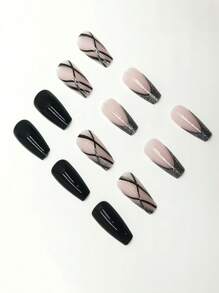 24 piezas uñas postizas en forma de ataúd con línea plateada francesa en color negro con pegamento de gelatina y lima de uñas, suministros para uñas uñas falsas uña falsa uña acrílica - Negro - Ver 2