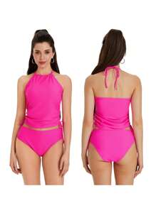 Two Piece Swimsuits For Women Tankini Set Tummy Control Bathing Suit With Bikini Bottom Shorts Swimming Costume - Hot Pink - View 2
