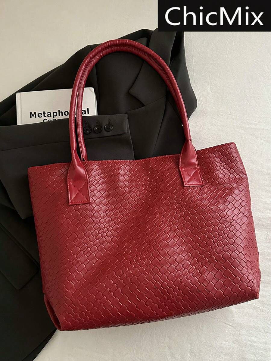 复古纯色编织图案压花休闲大容量单肩包，适合逛街、钱包、购物、年轻女性、大学生、新人、白领。非常适合办公室、大学、工作、商务、交通、户外活动、旅游和郊游 - 紅色 - 查看 1