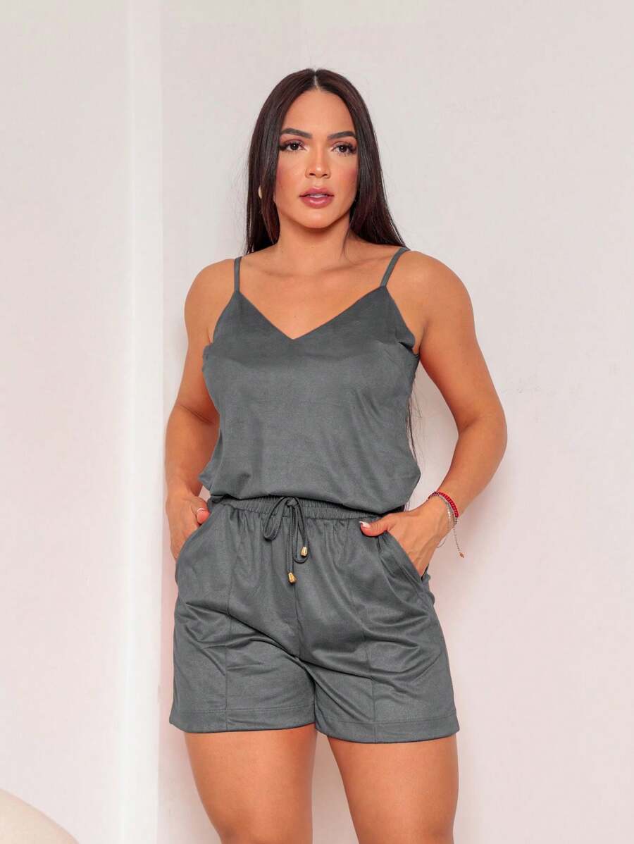 Suede Shorts And Basic Strap Tank Top Set, Summer Trend, Plus Size Size M To EXG - 灰色 - 查看 1