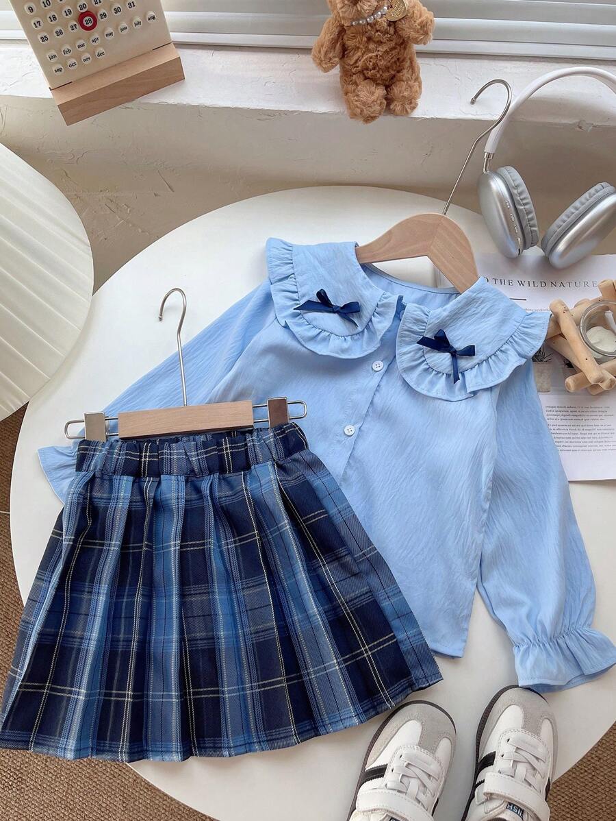 2 件套年轻女孩服装 - 蓝色衬衫上衣和格子迷你裙，休闲日常/派对/节日装，适合 4-8 岁女孩，春夏