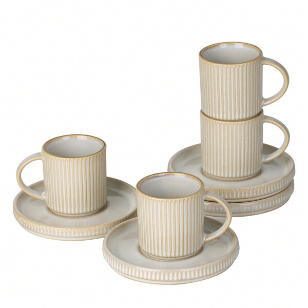 Richmount 4 Piece Espresso Cups And Saucers Set, [ Mini ] 3 Oz Ceramic Small Coffee Mug With Handle, Ribbed Stoneware Demitasse Cup For Tea, Latte - Microwave & Dishwasher Safe