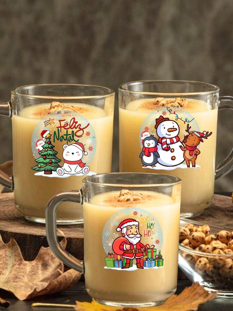 Kit 3 Special Christmas Mugs 255ml Glass For Coffee Corner Decorative End Of Year Santa Claus Gift Christmas Decoration Tea Milk - 白色 - 查看 1