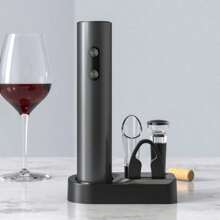 Electric Wine Bottle Opener, Ideal For Parties And Wine Enthusiasts - Kitchen Gadget Gift, Easy Corkscrew & Decanter, Battery-Operated (Batteries Not Included). Available In Set And Single Unit Versions. Set Includes: Bottle Opener, Foil Cutter, Pourer, Pull-Out Vacuum Stopper, Storage Base.
