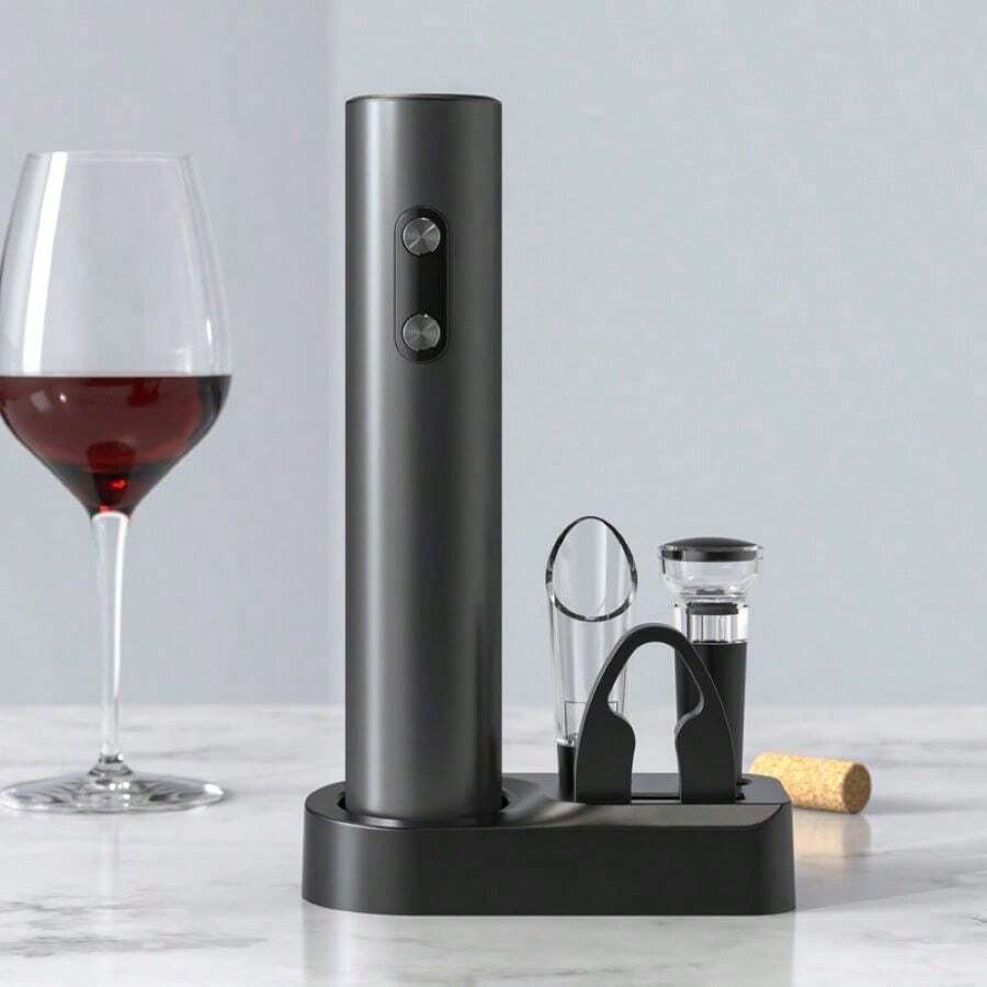 Electric Wine Bottle Opener, Ideal For Parties And Wine Enthusiasts - Kitchen Gadget Gift, Easy Corkscrew & Decanter, Battery-Operated (Batteries Not Included). Available In Set And Single Unit Versions. Set Includes: Bottle Opener, Foil Cutter, Pourer, Pull-Out Vacuum Stopper, Storage Base.
