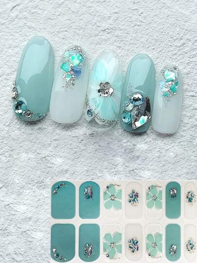 3D Romantic Green Flower Almond-Shaped Nail Stickers DIY Nail Art Decor Nails Nail Supplies