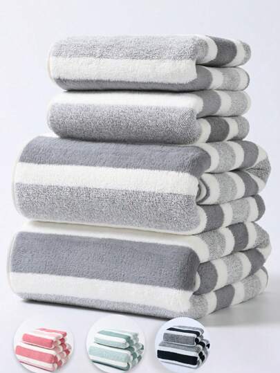 1pc/2pcs/8pcs Simple Wide Striped Coral Fleece Soft Absorbent Non-Shedding Bath Set - Lightweight, Convenient For Supermarket Gifts, Bathroom Use, Adult Couples Wrap Towel, Face Towel, Bath Towel, 34*34 Washcloth, 70*140 Bath Towel Or 34*75 Hand Towel Or 90*170 Bath Sheet, Single Or Set Back To School For Beauty Salon Home Bathroom Shower Towels For Beaty Salon, Hotel Sports,Home Essentials, Towel, Skin Care