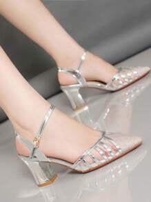 女士网眼鞋面封闭式鞋头粗跟凉鞋，时尚镂空踝带尖头鞋，适合夏季 - 銀色 - 查看 3