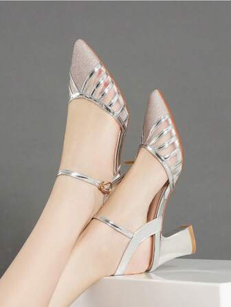 女士网眼鞋面封闭式鞋头粗跟凉鞋，时尚镂空踝带尖头鞋，适合夏季