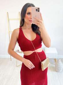 Women's Long Dress With Slit Midi Knit With Lurex Elegant Party - Đỏ - Xem 2