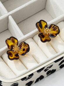 1 Pair Leopard Print Floral Design Elegant Earrings, Suitable For Daily Wear With Sweaters, Simple & Delicate, Autumn/Winter - Black - View 3