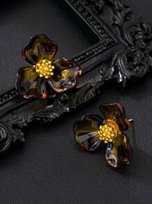 1 Pair Leopard Print Floral Design Elegant Earrings, Suitable For Daily Wear With Sweaters, Simple & Delicate, Autumn/Winter - Black - View 1