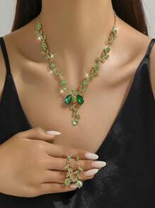 1 bộ thiết kế hoa thanh lịch cổ điển vòng cổ và hoa tai pha lê, phụ kiện trang sức chuyên nghiệp cho phụ nữ tiệc cưới - màu xanh lá - Xem 2