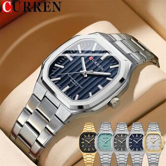  CURREN 男式手表顶级品牌豪华军用陆军男士腕表防水原装不锈钢表带运动石英钟礼物 8458