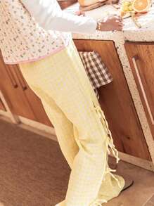 Women Wide-Leg Pants Plaid/Stripe Print Side Tie-Up Loose Trousers Spring Summer Casual Sweatpants Bottoms - Màu vàng - Xem 8