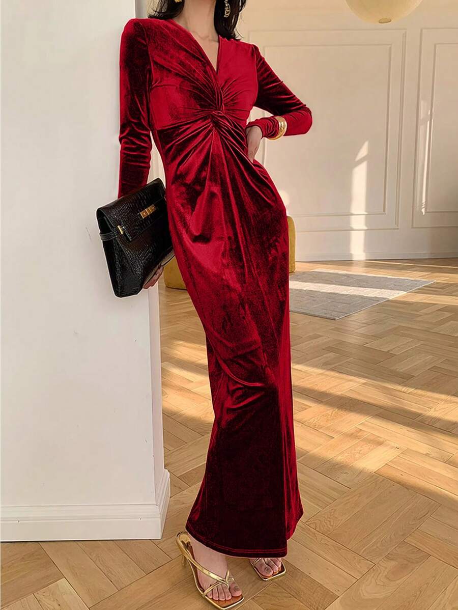 Long Sleeve V-Neck Velour Twist Front Sheath Dress - Burgundy - View 1