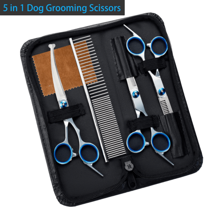 5 In 1 Premium Dog Grooming Scissors, Professional Dog Scissors For Grooming With Round Tips, Stainless Steel Thinning Shears, Dog Pet Cat Shears For Grooming Kit