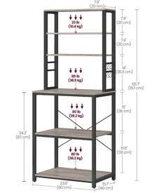 VASAGLE Kitchen Storage Rack, Coffee Bar, Baker's Rack, Total 6 Shelves And 6 Hooks, For Microwave, Steel Frame, Industrial, Greige And Black - Black - View 7