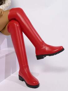 Giày bốt cao đến đùi Burgundy Angora màu đỏ 2024 dành cho nữ, mũi tròn, bốt thời trang, cao đến đầu gối, bắp chân rộng, gót dày, cổ dài, khóa kéo bên hông, kích cỡ EU/US - Đỏ - Xem 1