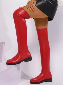 Giày bốt cao đến đùi Burgundy Angora màu đỏ 2024 dành cho nữ, mũi tròn, bốt thời trang, cao đến đầu gối, bắp chân rộng, gót dày, cổ dài, khóa kéo bên hông, kích cỡ EU/US - Đỏ - Xem 2