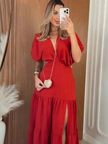 Long Dress, Loose, Flared, Ruffled, Slit, V-Neck, Side Opening, Little Sleeves, Elegant, Women's Fashion, Trend, Summer, End Of Year Party - 紅色 - 查看 2